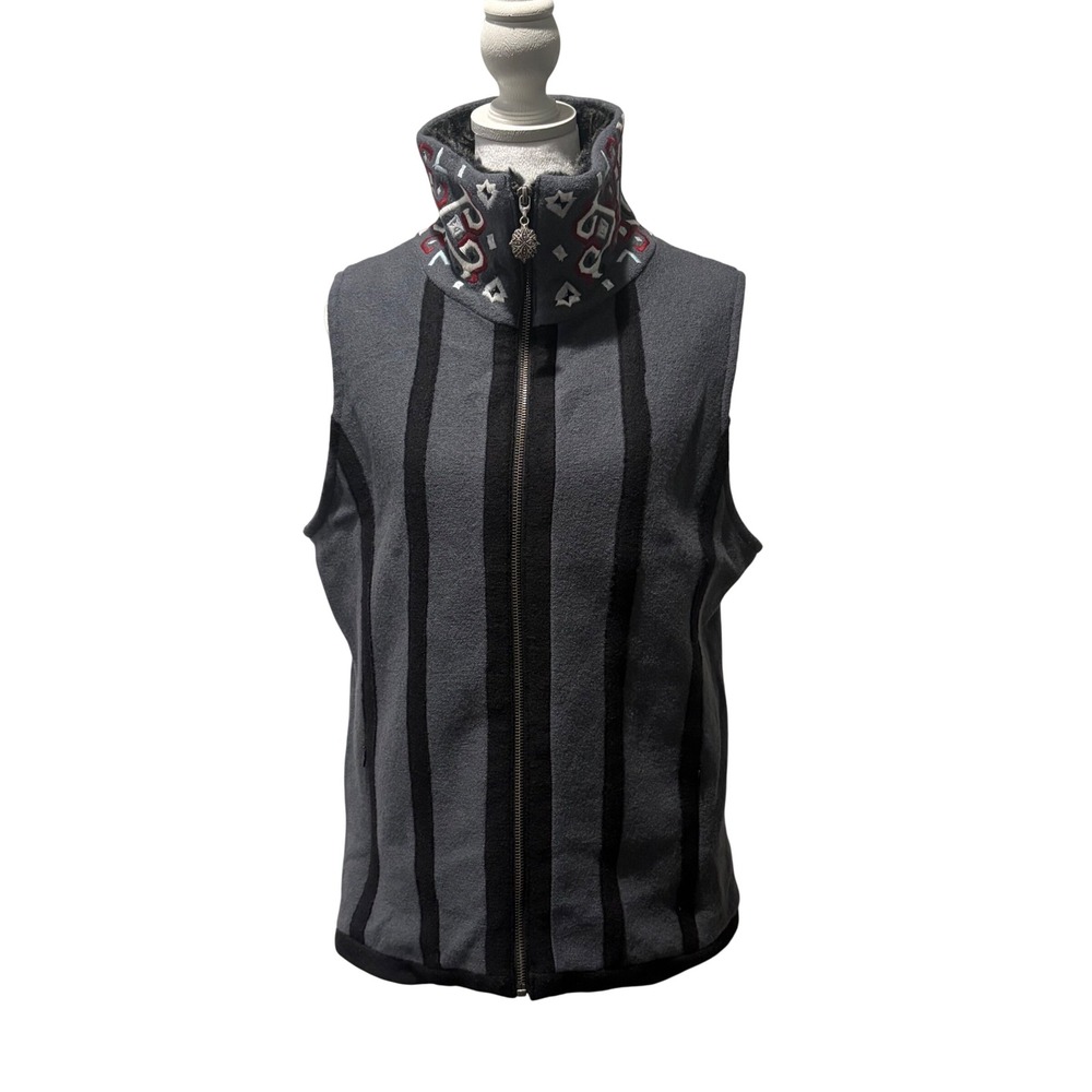 Icelandic Design Wool Vest Womens Large Grey Nordic Embroidered Zip Up Pockets